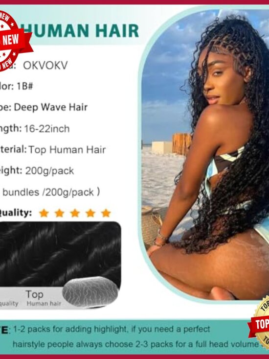 200g 20 Inch Deep Wave Human Hair Extensions for Boho Braids 5 Bundles